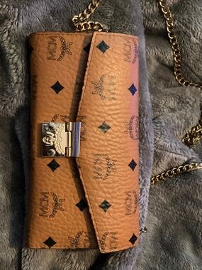 MCM Cognac Visetos Crossbody with Gold Chain